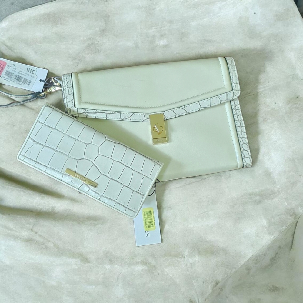 Cream Croc-Trim Wristlet Clutch
